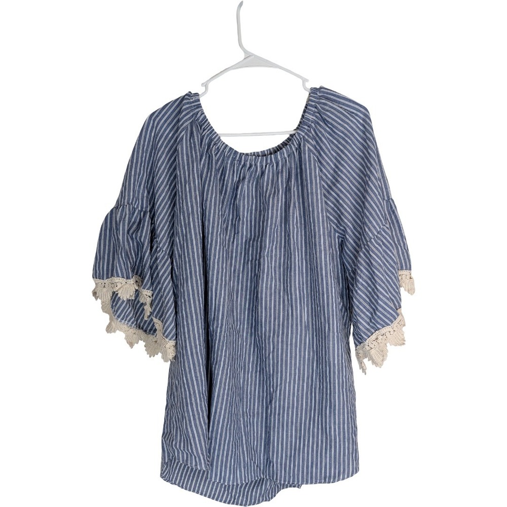 Spin USA Blouse Womens 3XL Blue White Striped Lace Bell Sleeve Boho Peasant Top